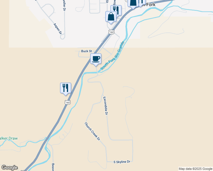 map of restaurants, bars, coffee shops, grocery stores, and more near 358 Escondida Drive in South Fork