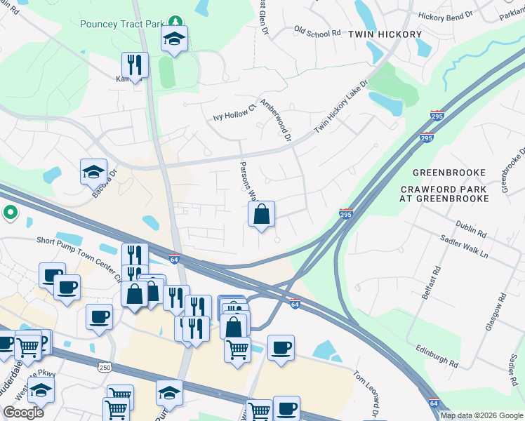 map of restaurants, bars, coffee shops, grocery stores, and more near 11724 Parsons Walk Court in Glen Allen