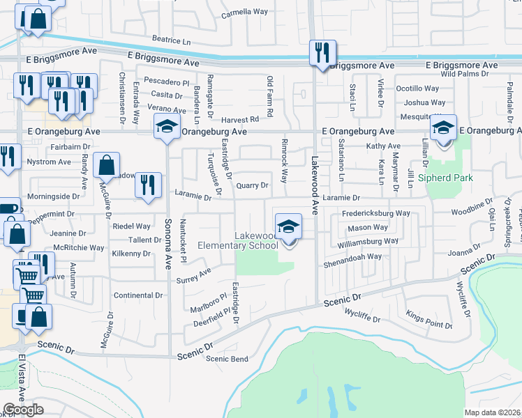 map of restaurants, bars, coffee shops, grocery stores, and more near 2825 Laramie Drive in Modesto