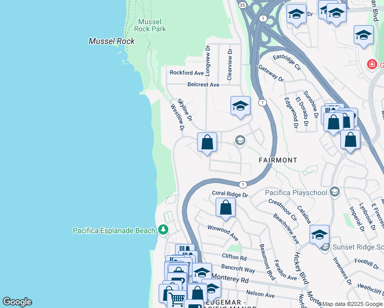 map of restaurants, bars, coffee shops, grocery stores, and more near 5017 Palmetto Avenue in Pacifica