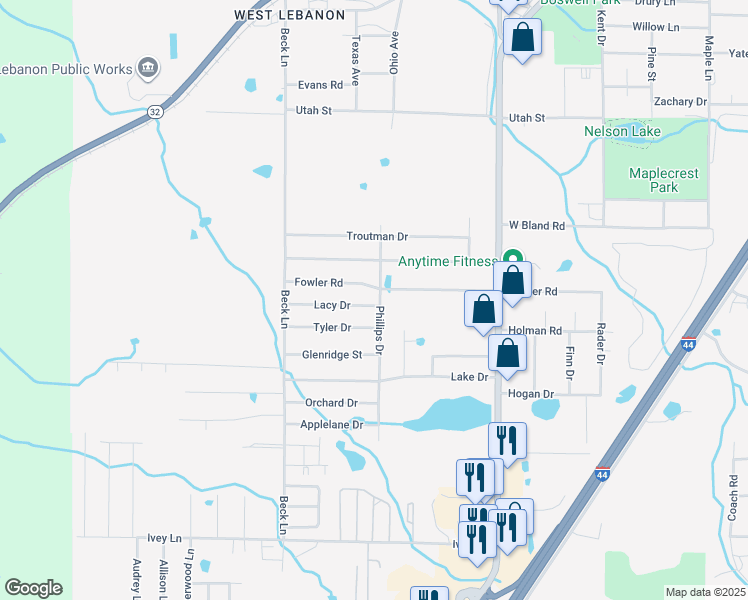 map of restaurants, bars, coffee shops, grocery stores, and more near 1707 Phillips Drive in Lebanon