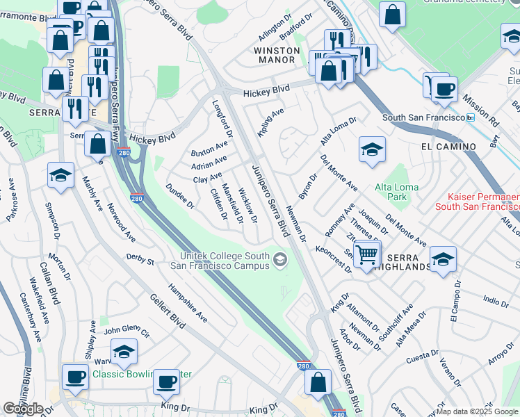 map of restaurants, bars, coffee shops, grocery stores, and more near 223 Longford Drive in South San Francisco