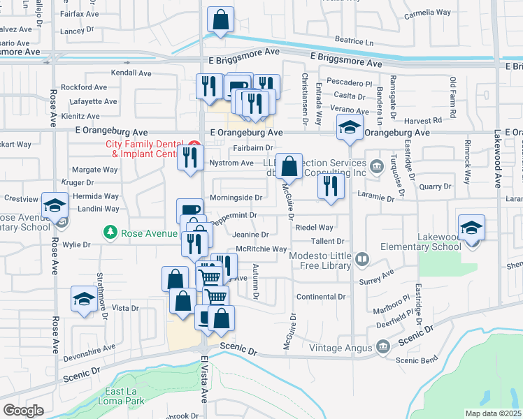 map of restaurants, bars, coffee shops, grocery stores, and more near 2325 Morningside Drive in Modesto