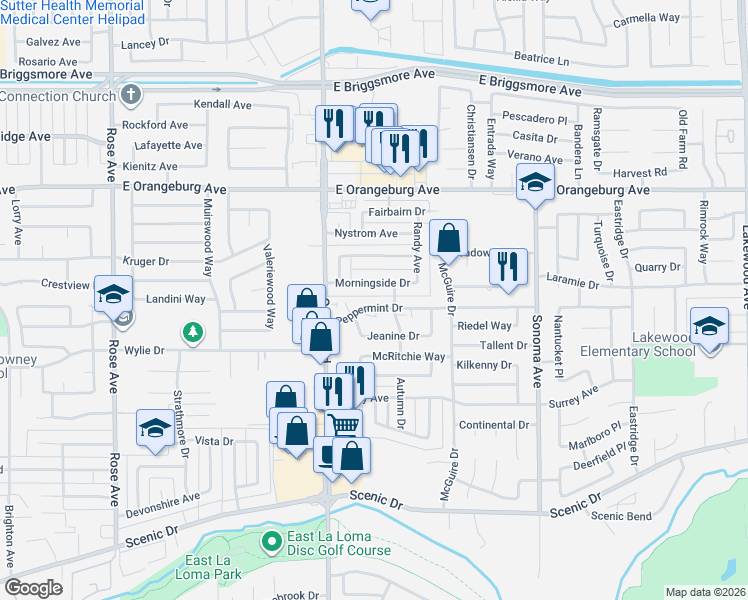 map of restaurants, bars, coffee shops, grocery stores, and more near 2243 Morningside Drive in Modesto