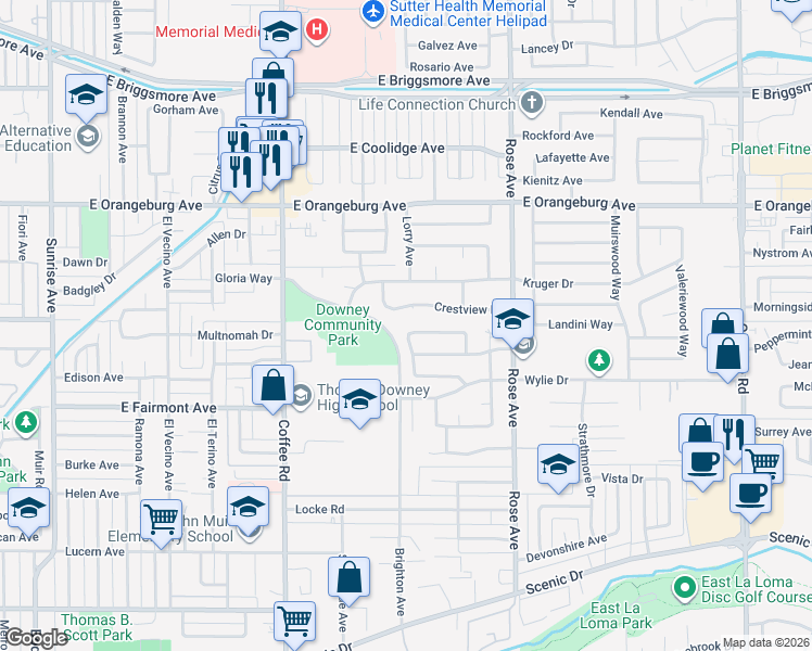 map of restaurants, bars, coffee shops, grocery stores, and more near 1509 Crestview Drive in Modesto