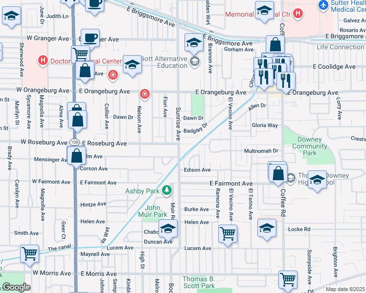 map of restaurants, bars, coffee shops, grocery stores, and more near 712 Badgley Drive in Modesto