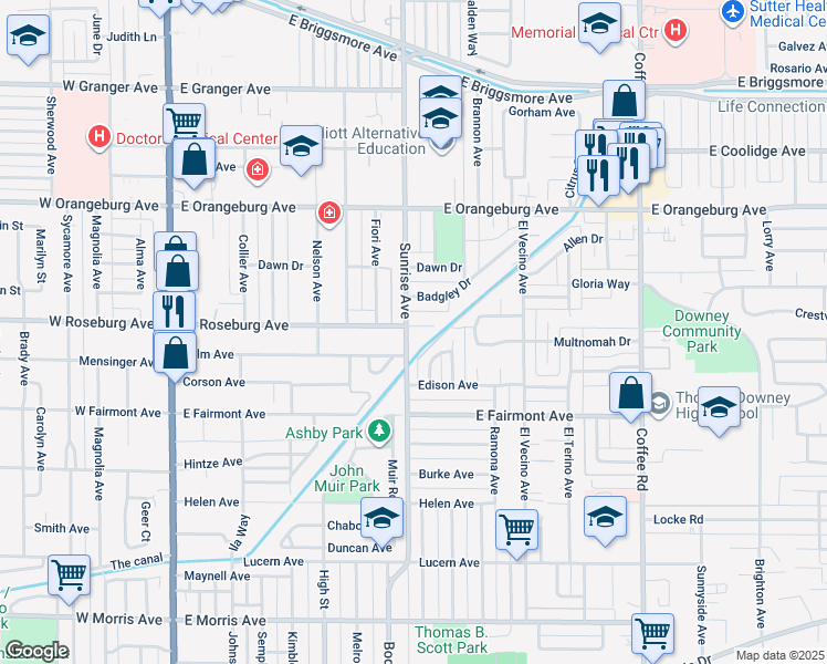 map of restaurants, bars, coffee shops, grocery stores, and more near 712 Badgley Drive in Modesto
