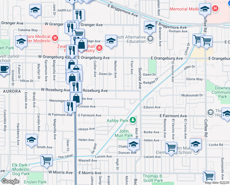 map of restaurants, bars, coffee shops, grocery stores, and more near 1209 Nelson Avenue in Modesto