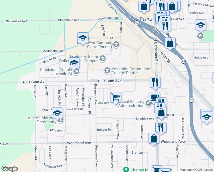 map of restaurants, bars, coffee shops, grocery stores, and more near 2000 Blue Gum Avenue in Modesto