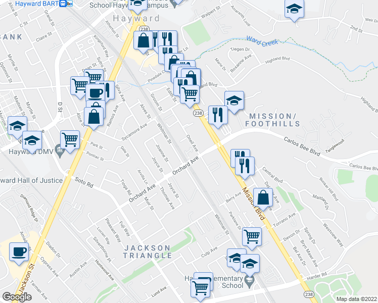 map of restaurants, bars, coffee shops, grocery stores, and more near 24778 Oneil Avenue in Hayward