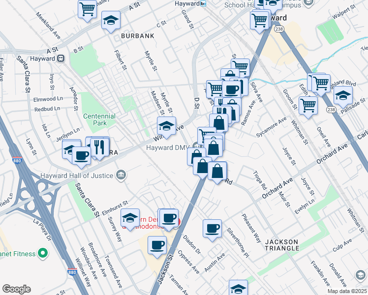 map of restaurants, bars, coffee shops, grocery stores, and more near 24222 Clarendale Street in Hayward