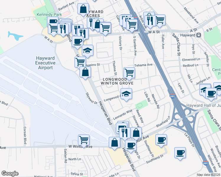 map of restaurants, bars, coffee shops, grocery stores, and more near 845 Marin Avenue in Hayward