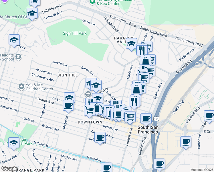 map of restaurants, bars, coffee shops, grocery stores, and more near 501 Cortesi Avenue in South San Francisco