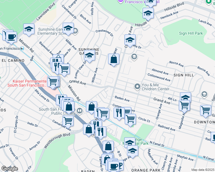 map of restaurants, bars, coffee shops, grocery stores, and more near 1024 Marcie Circle in South San Francisco