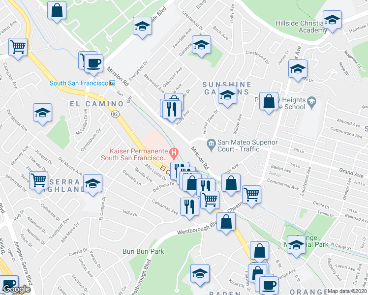map of restaurants, bars, coffee shops, grocery stores, and more near 1110 Mission Road in South San Francisco