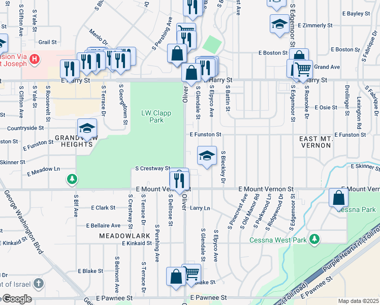 map of restaurants, bars, coffee shops, grocery stores, and more near 1819 South Glendale Street in Wichita