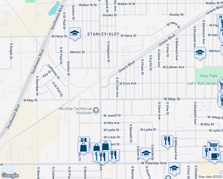 map of restaurants, bars, coffee shops, grocery stores, and more near 2400-2498 Dora Street in Wichita