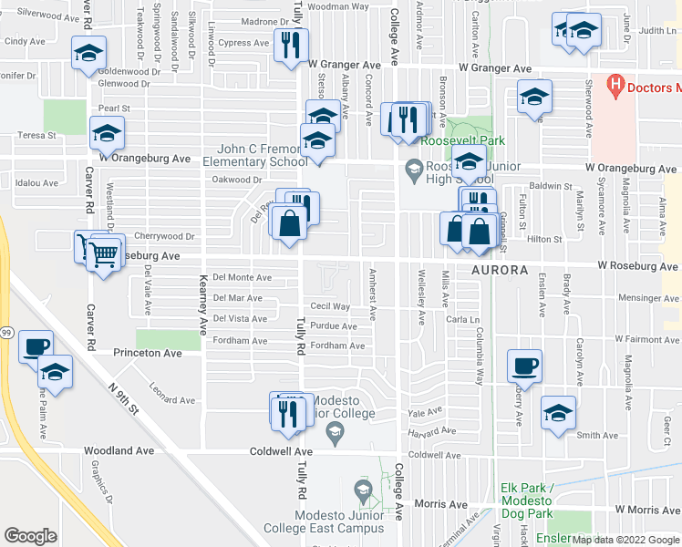 map of restaurants, bars, coffee shops, grocery stores, and more near 1208 West Roseburg Avenue in Modesto