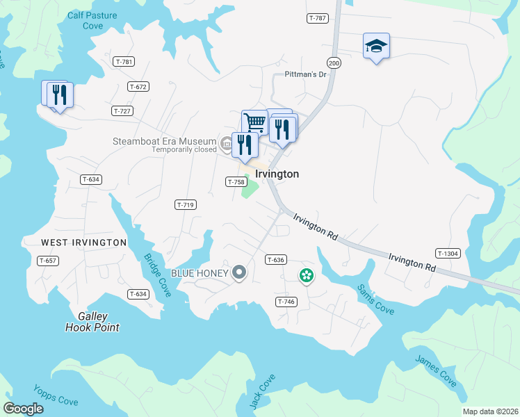 map of restaurants, bars, coffee shops, grocery stores, and more near 42 Steamboat Road in Irvington