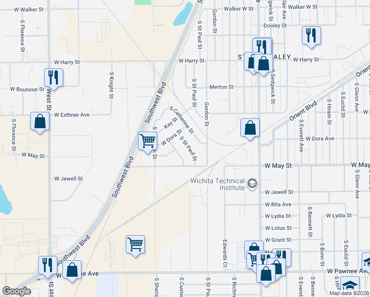 map of restaurants, bars, coffee shops, grocery stores, and more near 1925 Catherine Street in Wichita