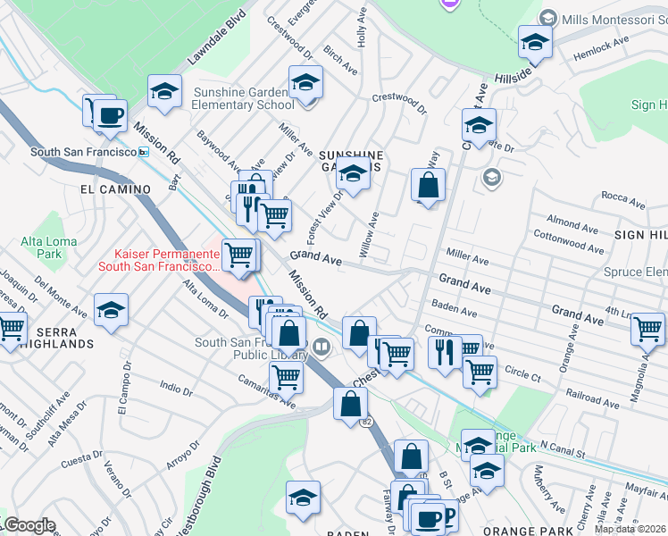 map of restaurants, bars, coffee shops, grocery stores, and more near 1030 Grand Avenue in South San Francisco