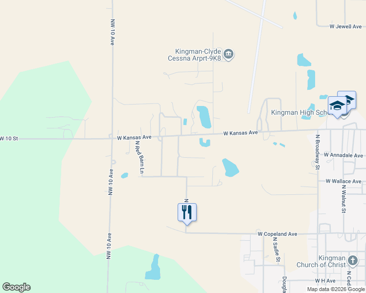 map of restaurants, bars, coffee shops, grocery stores, and more near 1111-1225 West Kansas Avenue in Kingman