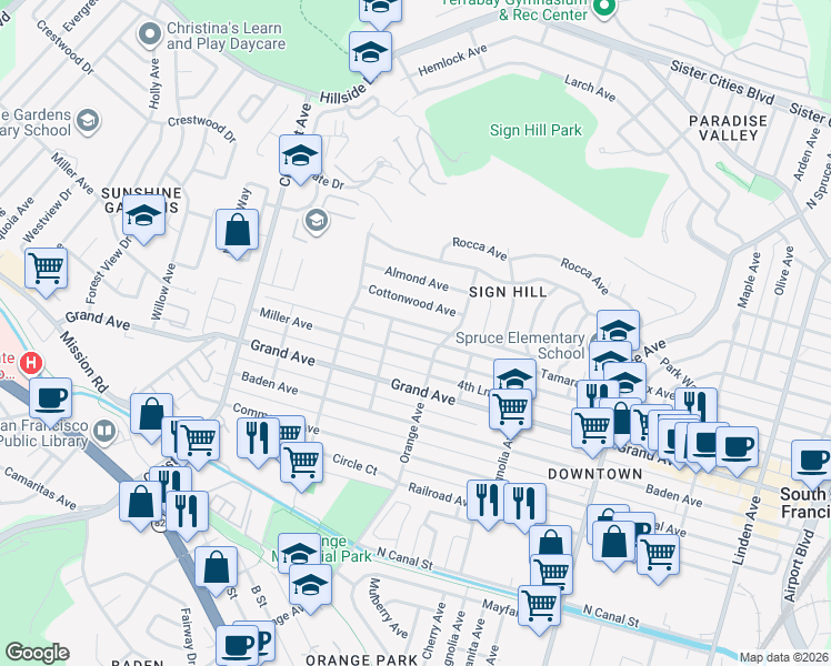 map of restaurants, bars, coffee shops, grocery stores, and more near 725 Palm Avenue in South San Francisco