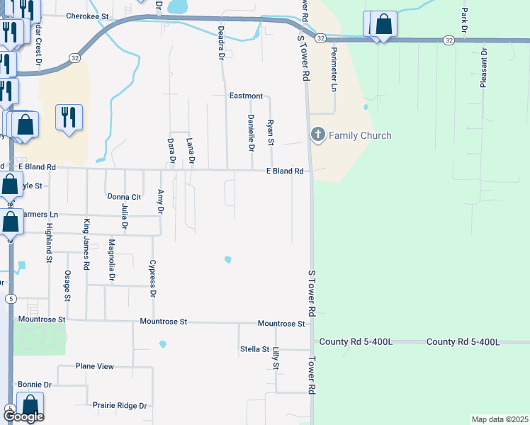 map of restaurants, bars, coffee shops, grocery stores, and more near 722 East Bland Road in Lebanon