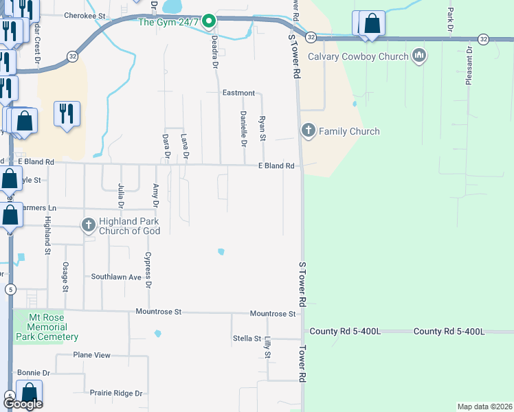 map of restaurants, bars, coffee shops, grocery stores, and more near 722 East Bland Road in Lebanon