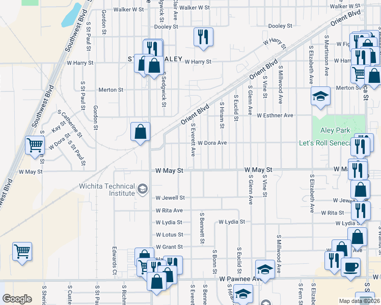 map of restaurants, bars, coffee shops, grocery stores, and more near 2250-2298 Dora Street in Wichita