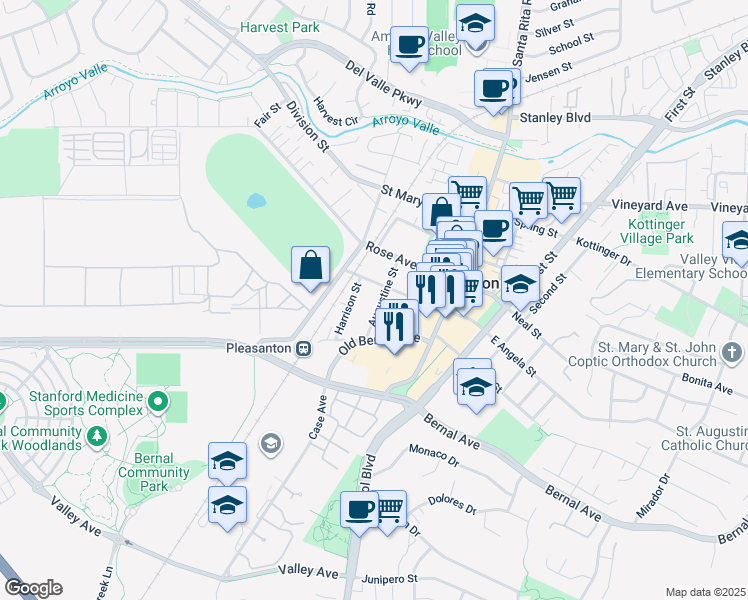 map of restaurants, bars, coffee shops, grocery stores, and more near 4655 Augustine Street in Pleasanton