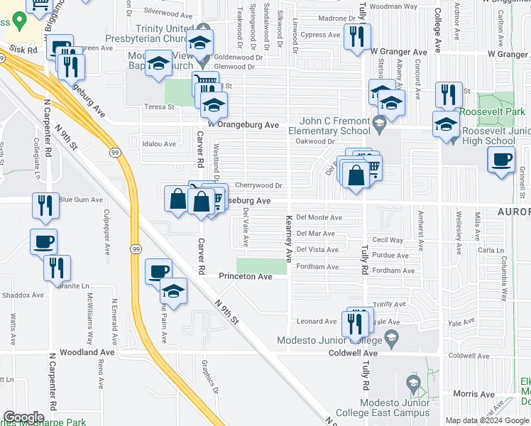 map of restaurants, bars, coffee shops, grocery stores, and more near 1521 Del Monte Avenue in Modesto