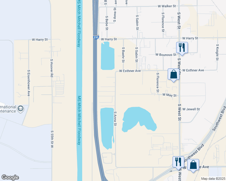 map of restaurants, bars, coffee shops, grocery stores, and more near 1909 South Anna Street in Wichita