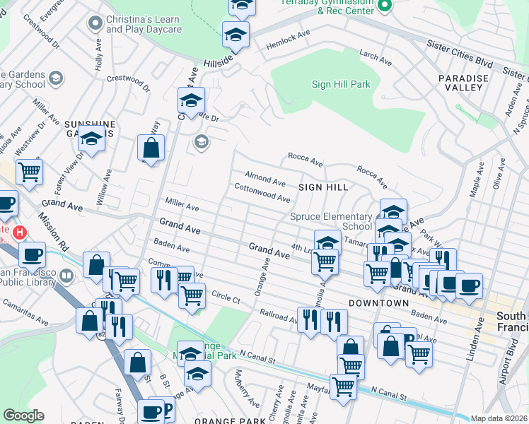 map of restaurants, bars, coffee shops, grocery stores, and more near 725 Palm Avenue in South San Francisco