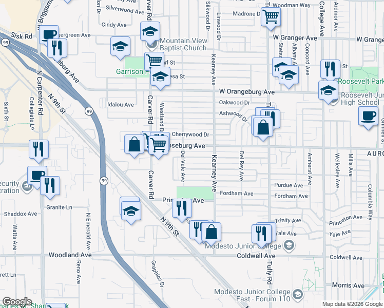 map of restaurants, bars, coffee shops, grocery stores, and more near 1529 West Roseburg Avenue in Modesto