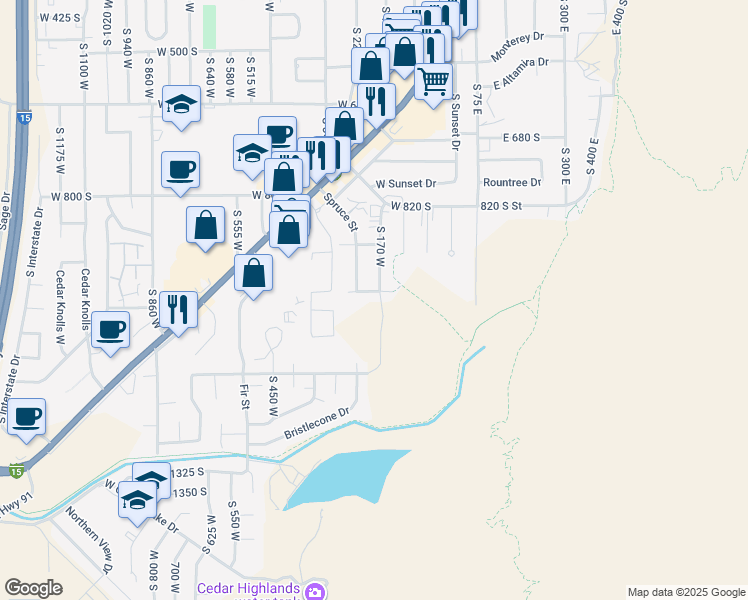 map of restaurants, bars, coffee shops, grocery stores, and more near 981 South 170 West in Cedar City