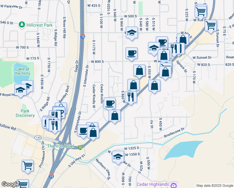 map of restaurants, bars, coffee shops, grocery stores, and more near 980 South 860 West in Cedar City