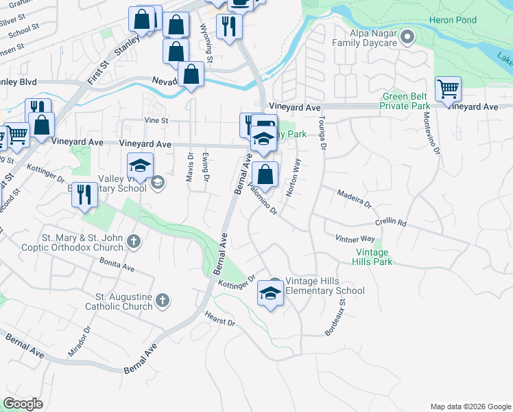 map of restaurants, bars, coffee shops, grocery stores, and more near 717 Concord Street in Pleasanton