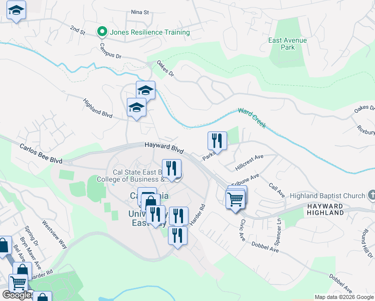 map of restaurants, bars, coffee shops, grocery stores, and more near 25836 Hayward Boulevard in Hayward
