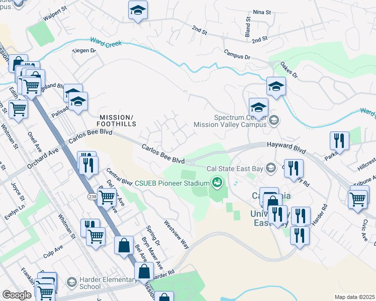 map of restaurants, bars, coffee shops, grocery stores, and more near 17 Tanglewood in Hayward