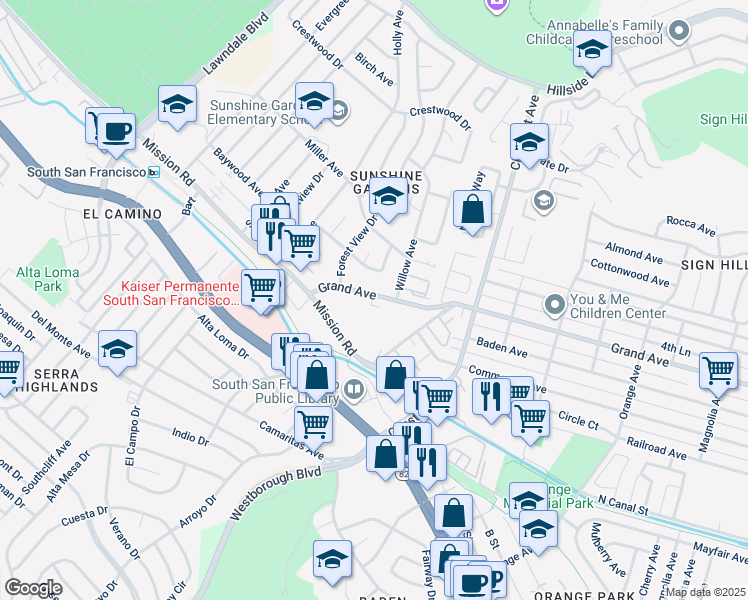 map of restaurants, bars, coffee shops, grocery stores, and more near 1030 Grand Avenue in South San Francisco
