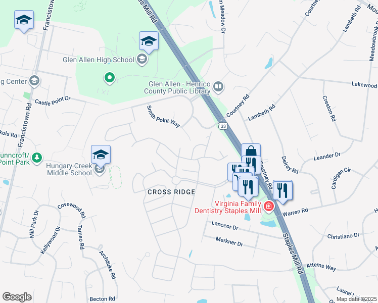 map of restaurants, bars, coffee shops, grocery stores, and more near 3504 Bohannon Drive in Glen Allen