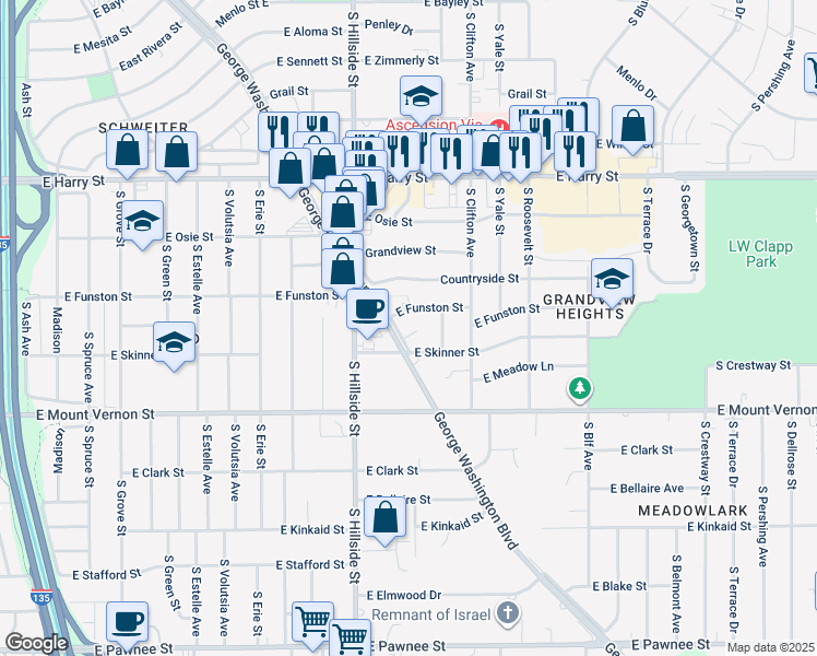 map of restaurants, bars, coffee shops, grocery stores, and more near 3401-3499 East Funston Street in Wichita