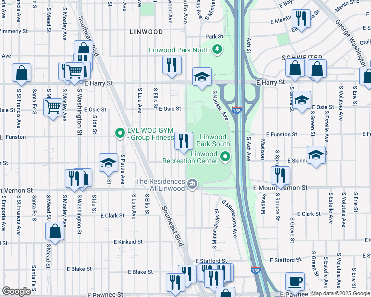 map of restaurants, bars, coffee shops, grocery stores, and more near 1802 South Hydraulic Avenue in Wichita