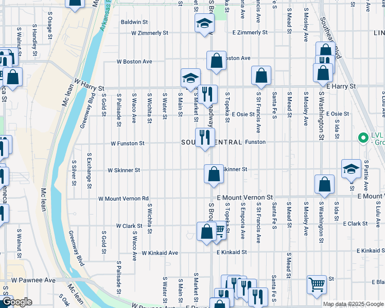 map of restaurants, bars, coffee shops, grocery stores, and more near 1804 South Market Street in Wichita