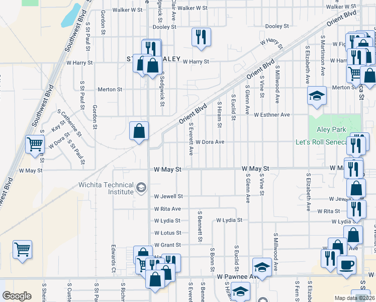 map of restaurants, bars, coffee shops, grocery stores, and more near 2250-2298 Dora Street in Wichita
