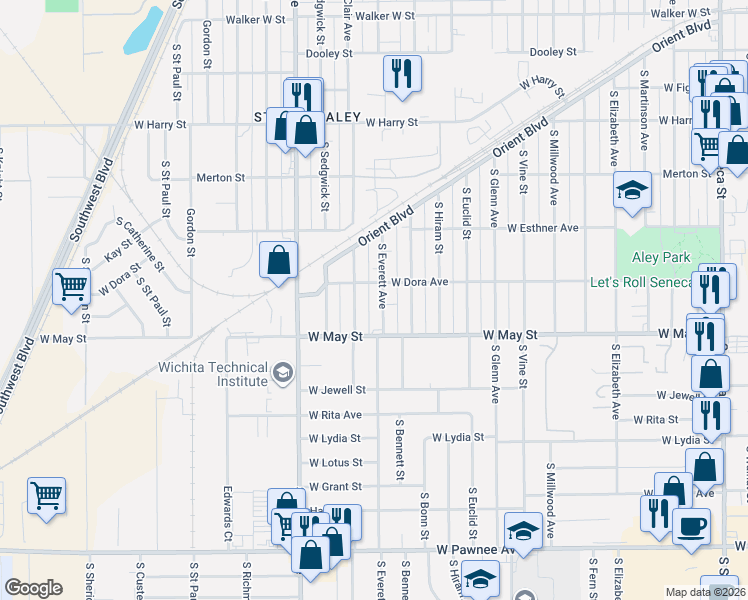 map of restaurants, bars, coffee shops, grocery stores, and more near 2250-2298 Dora Street in Wichita