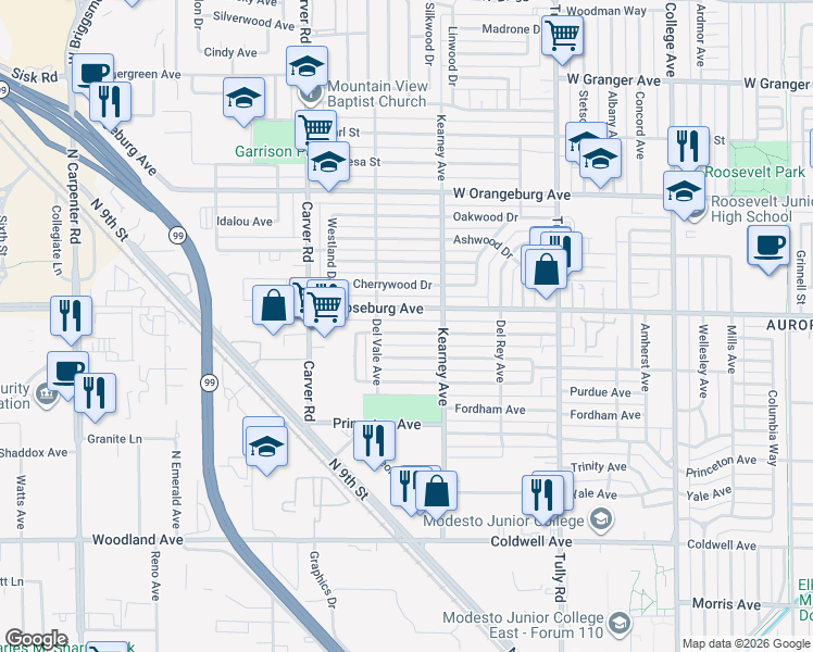 map of restaurants, bars, coffee shops, grocery stores, and more near 1521 Del Monte Avenue in Modesto