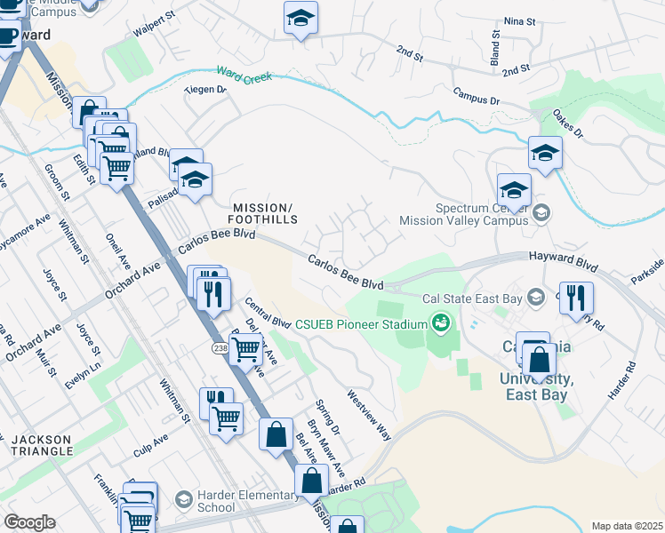 map of restaurants, bars, coffee shops, grocery stores, and more near Carlos Bee Blvd & Tanglewood in Hayward