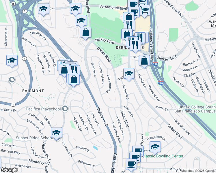 map of restaurants, bars, coffee shops, grocery stores, and more near 45 Parkrose Avenue in Daly City